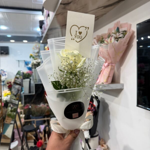 Single White Rose Elegant Cone Bouquet