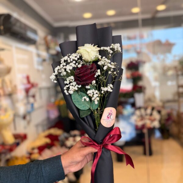 Elegant Red & White Rose Duo in Black Wrap