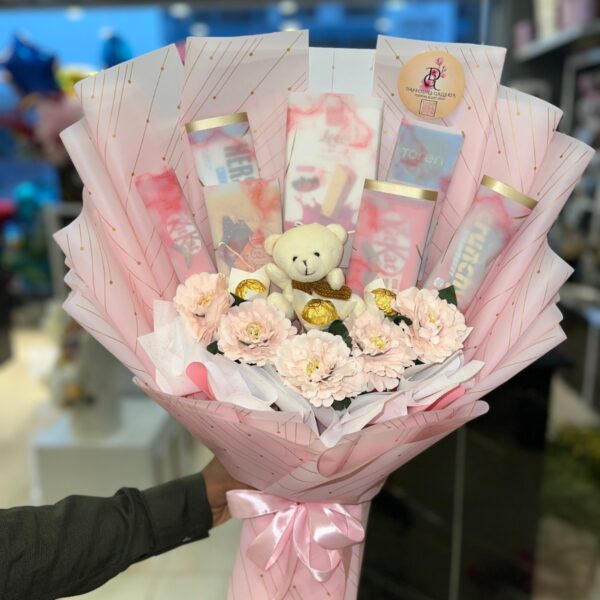 Pink Teddy & Chocolate Surprise Bouquet