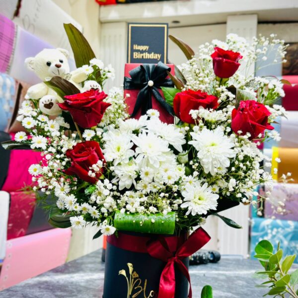 Elegant Red Rose & White Daisy Birthday Box with Teddy Bear