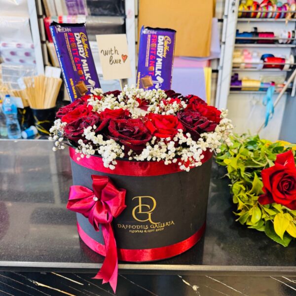 Crimson Elegance Box with Cadbury Dairy Milk & Baby’s Breath
