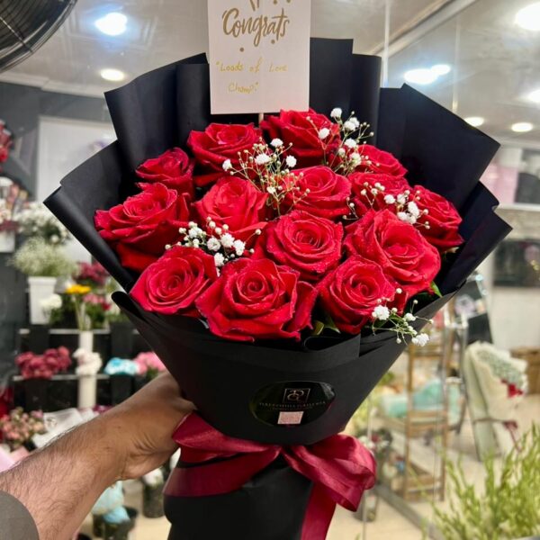 Premium Crimson Red Rose Bouquet in Sleek Black Wrap