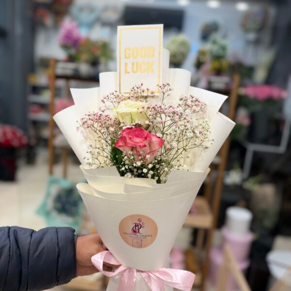 Elegant Pink & White Rose Bouquet with Good Luck Card