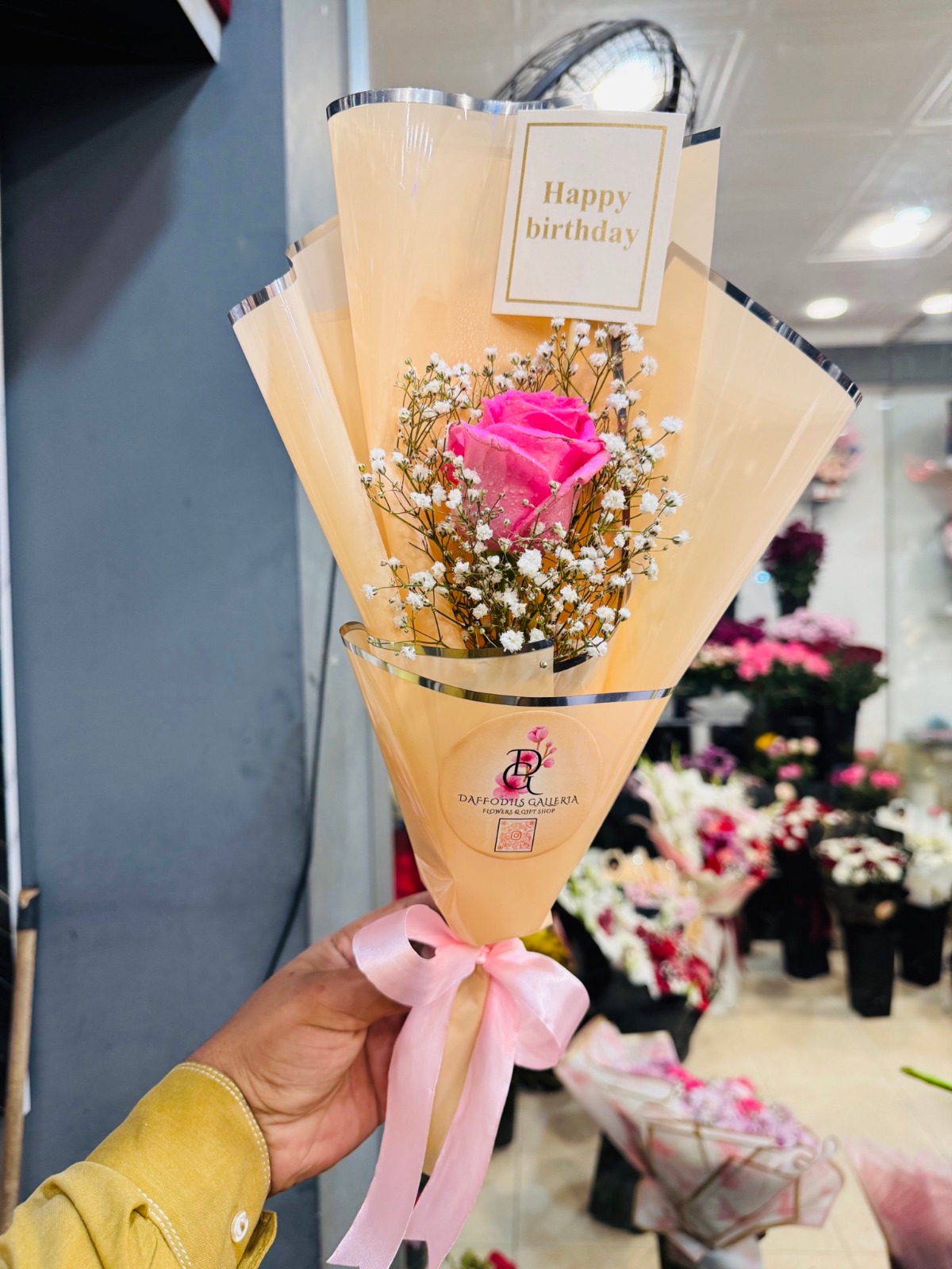 70a41b85-7c48-46f2-9ae2-21c5f6cb7b7f Single Pink Rose Mini Bouquet with Baby’s Breath - Image 1