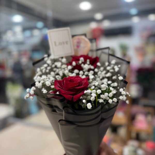 Elegant Red Rose & Baby's Breath Bouquet in Black Wrap