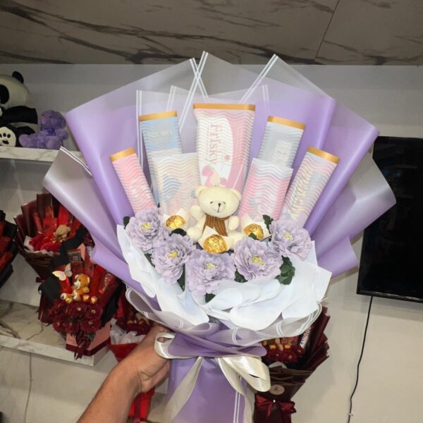 Elegant Lavender & Pastel Snack Bouquet with Teddy Bear