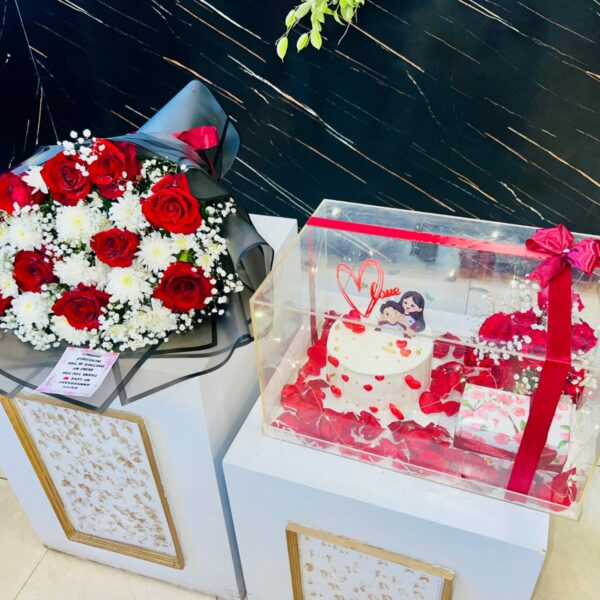 Elegant Red Rose & White Mum Bouquet with Anniversary Cake Box