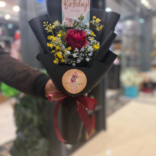 Single Red Rose Mini-Bouquet in Elegant Black Wrap