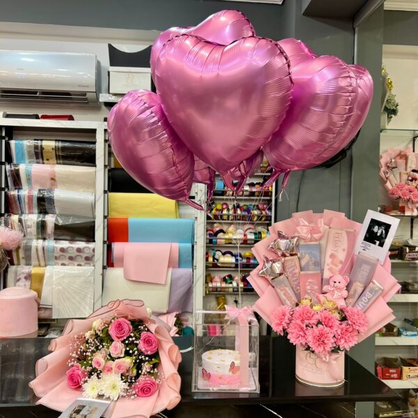 Pink Rose Bouquet & Deluxe Chocolate Box Combo with Heart Balloons