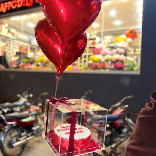 Acrylic Box Birthday Cake with Heart Balloons & Red Rose Petals