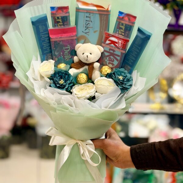 Blue & White Chocolate Snack Bouquet with Teddy Bear