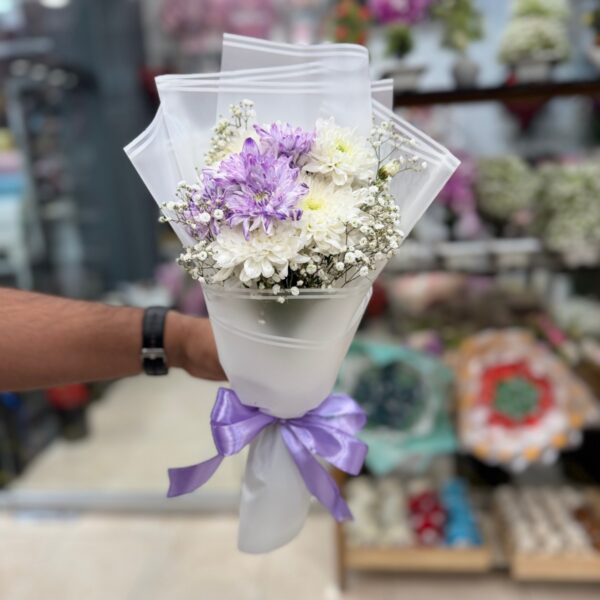 Purple and White Chrysanthemum Bouquet with Baby’s Breath