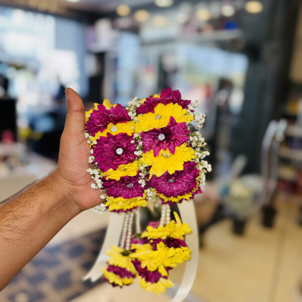 Vibrant Magenta & Yellow Floral Gajray with Pearl Hangings