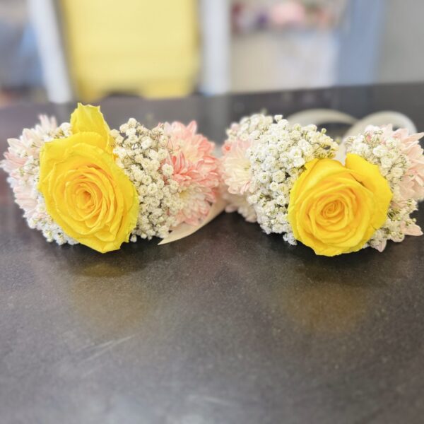 Twin Yellow Rose & Pink Chrysanthemum Wrist Corsages