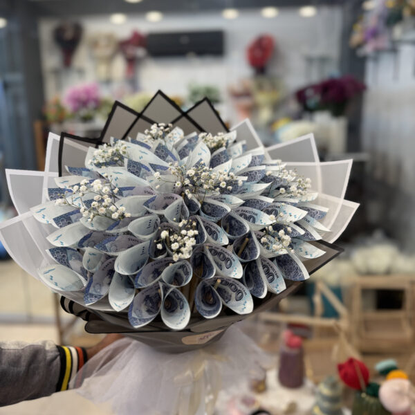 Elegant Blue 1000 Rupee Note & Baby’s Breath Money Bouquet