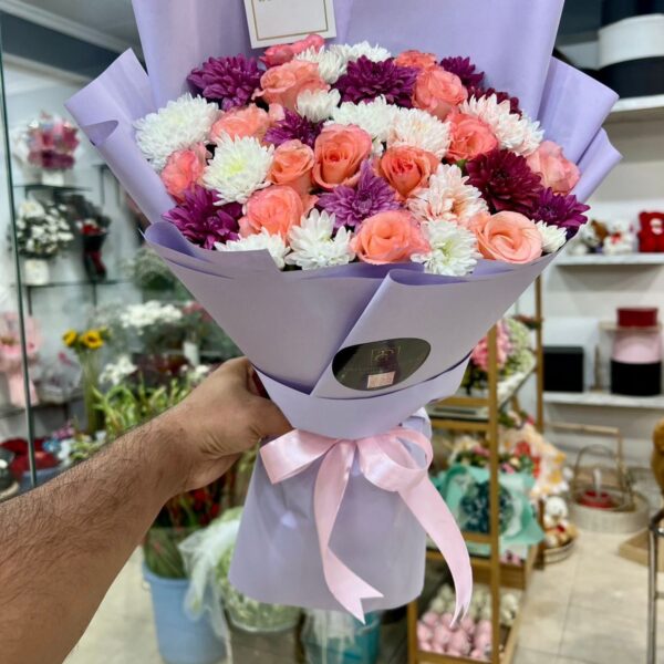 Peach Rose & Mixed Chrysanthemum Bouquet in Lavender Wrap