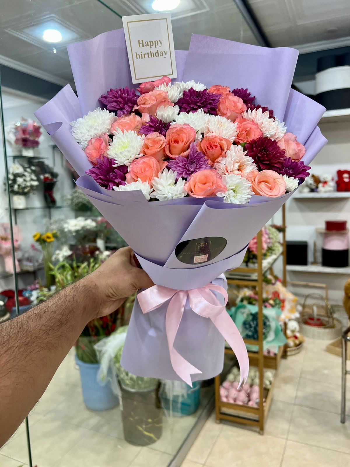 IMG_0124 Peach Rose & Mixed Chrysanthemum Bouquet in Lavender Wrap - Image 1