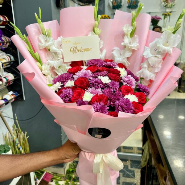 Red Roses & Purple Chrysanthemum Bouquet with White Gladiolus
