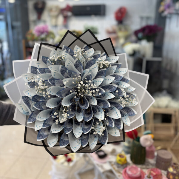 Premium Blue Currency Note Bouquet with White Baby's Breath