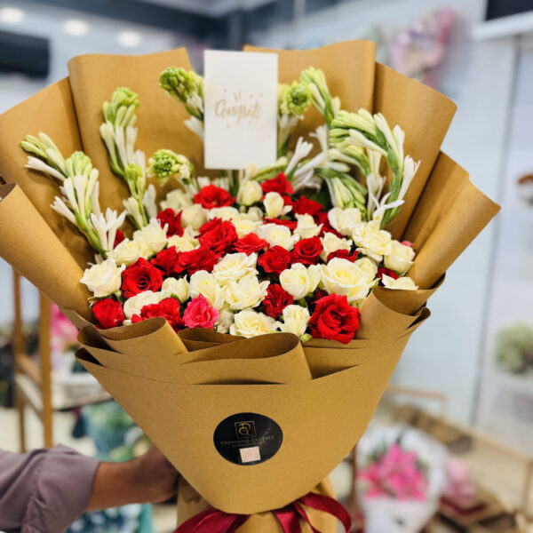 Classic Red & White Rose Bouquet with Tuberose Accents