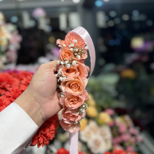 Peach Rose Floral Gaira with Pink Ribbon