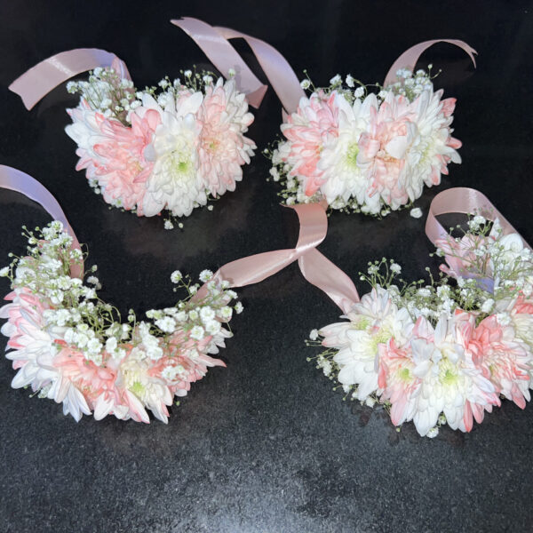 Pink and White Chrysanthemum Wrist Corsage with Baby's Breath