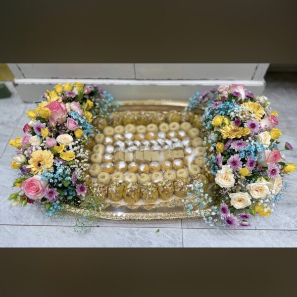 Royal Floral Mithai Tray with Mixed Pastel Blooms