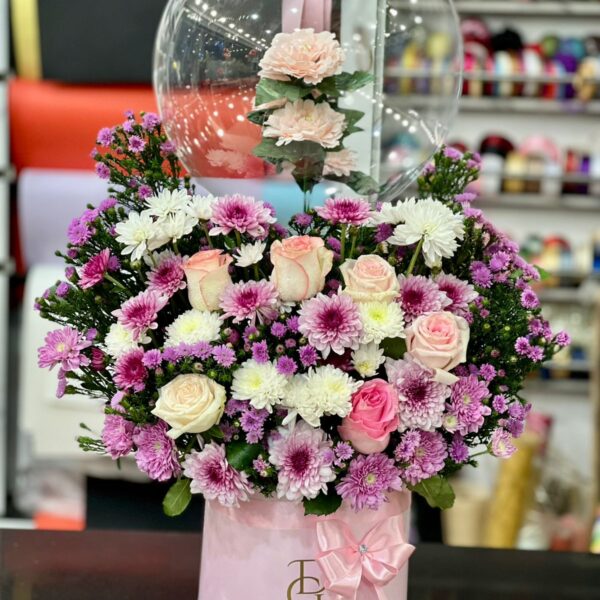 Elegant Pink Rose & Chrysanthemum Box with Floral Bubble