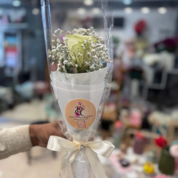 Single White Rose with Baby’s Breath Wrap