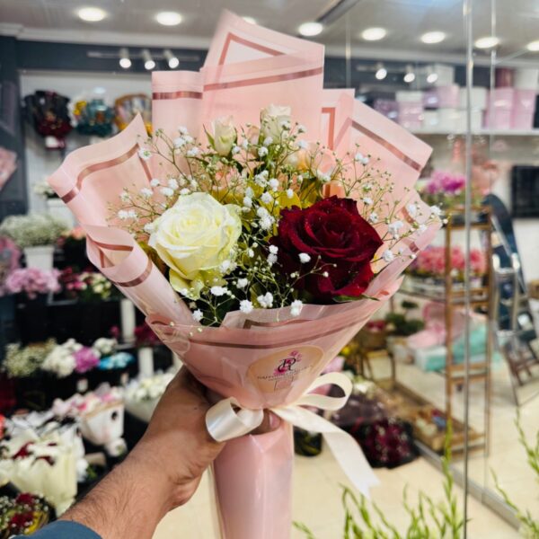Classic Red & White Rose Duo with Baby’s Breath