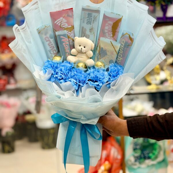 Blue Carnation & Chocolate Fusion Bouquet with Teddy Bear