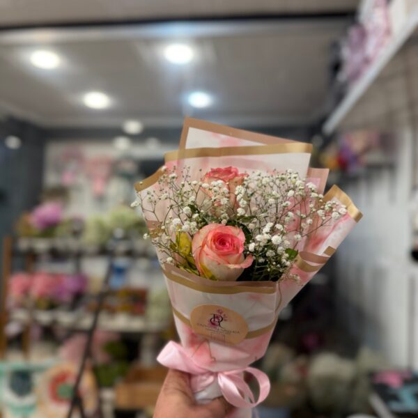 Pink Tinted Rose Duo with Baby's Breath