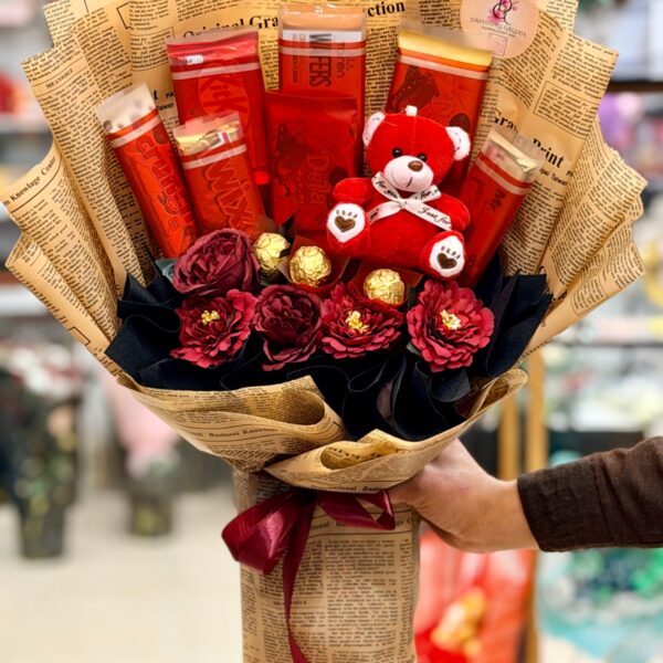 Crimson Delight Chocolate & Teddy Bouquet
