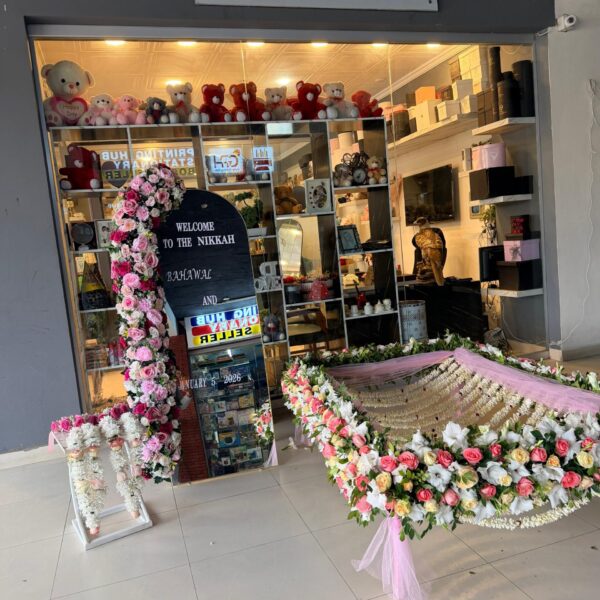 Elegant Nikkah Welcome Set with Floral Mirror & Decorated Bed