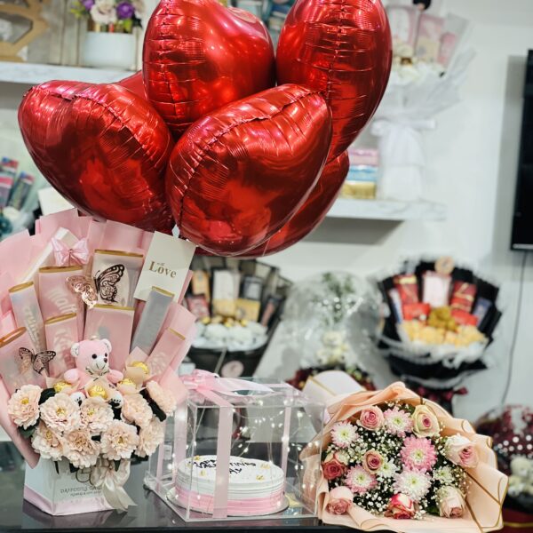 Romantic Love Gift Set with Heart Balloons & Pink Flowers