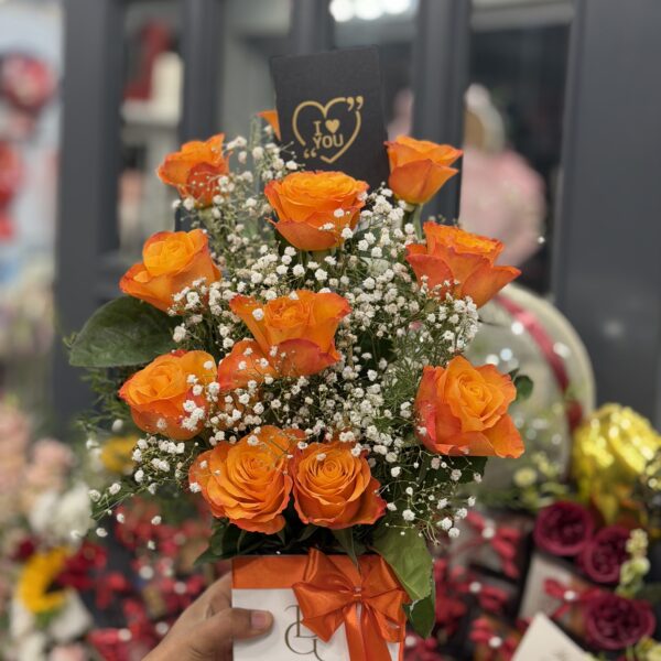 Orange Rose Box with Baby Breath & Love Card