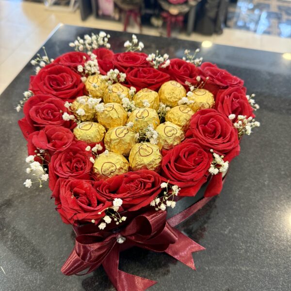 Heart Shape Red Roses Box with Ferrero Chocolates