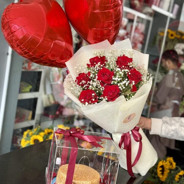 Red Rose Bouquet with Heart Balloons & Cake