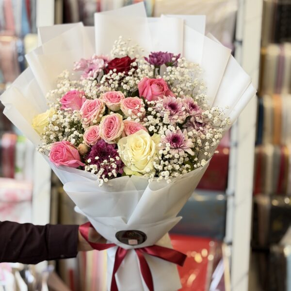 Mixed Pastel Roses Bouquet with Baby Breath