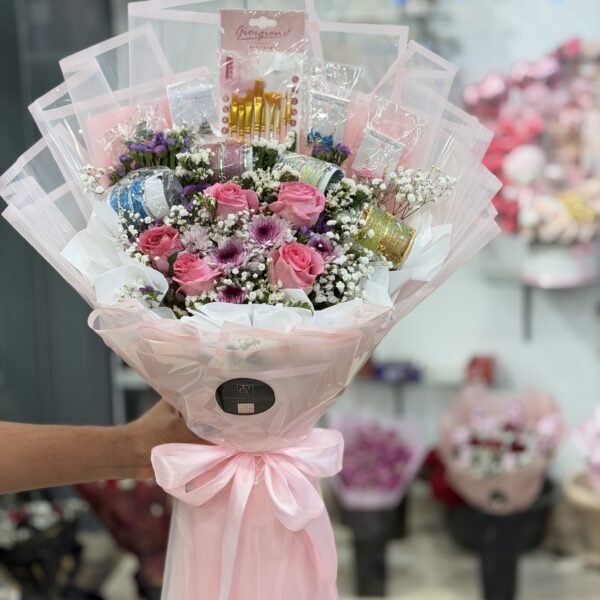 Pink Roses Makeup Gift Bouquet with Baby Breath