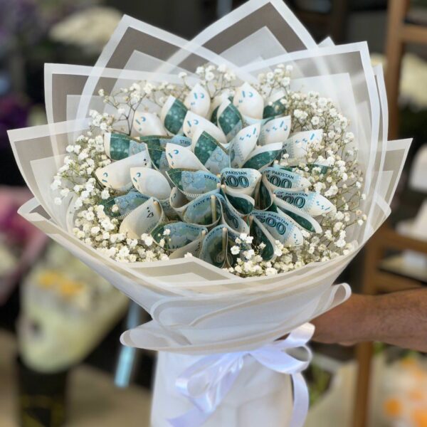 Elegant Cash Bouquet with Baby Breath in White Wrap