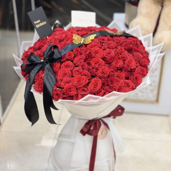 Luxury Red Roses Bouquet with Black Ribbon